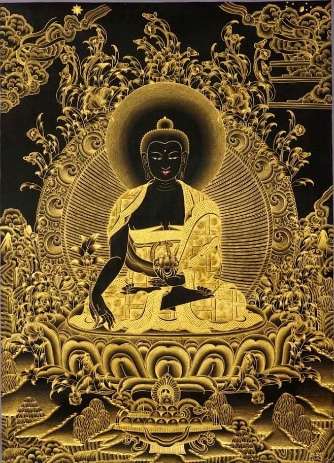 尼泊尔黑金唐卡喇嘛纯手绘挂画药师佛画像黑唐