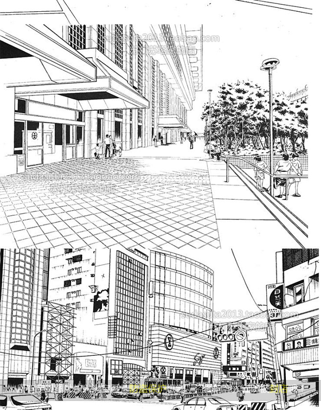 黑白cg漫画背景城市街道背景学校大厦-淘宝网1喜欢插画-速写建筑拾月