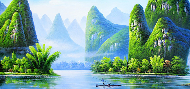 山水风景画简单 彩色图片