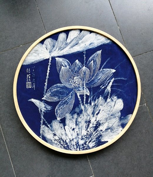 图片柒黔蜡染写意荷花实木圆框挂画扎染吧百度贴吧