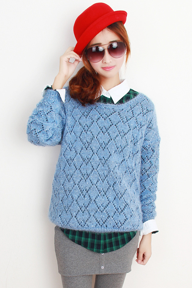 韩版棱形格子钩花镂空毛衣