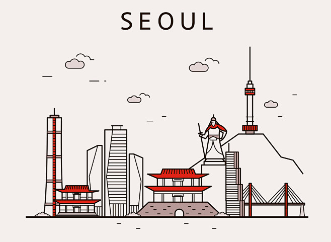韩国首尔手绘建筑现代建筑建筑插图插画设计aitid024t003994