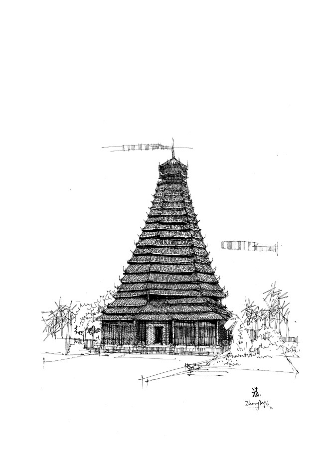 大一的建筑速写侗族八角楼