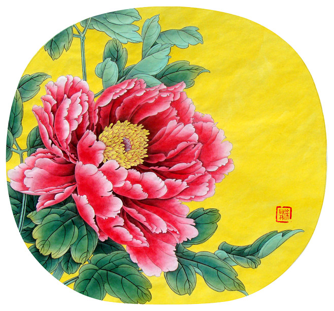 李晓明精美工笔牡丹团扇系列璎珞宝珠