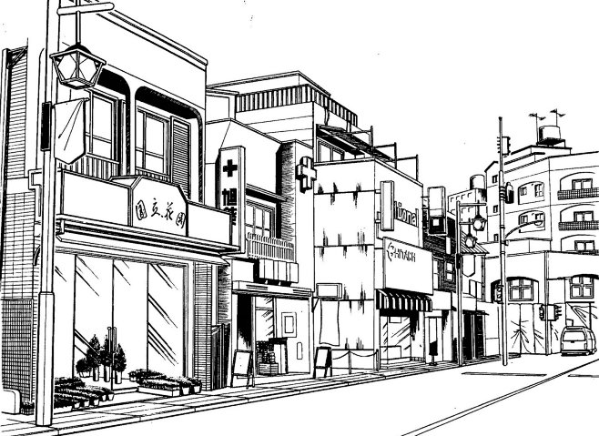 场景线稿图片 黑白cg二次元漫画背景参考城市街道背景线条插画设计嗷