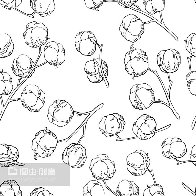 棉花植物图形黑白无缝图案草图矢量插图,cotton plant graphic black 